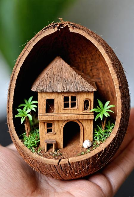 00145-a miniature house in half a coconut shell, 2 floor, miniature fourniture, intricate , macro lens, by artgerm, wlop_.png